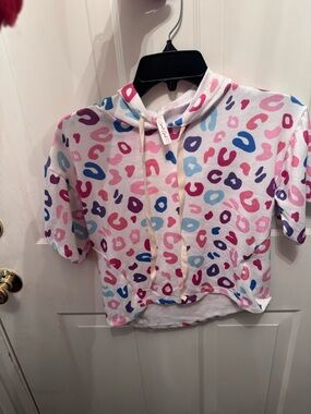 Girls' White Hoodie with Pink, Purple & Blue Leopard Print